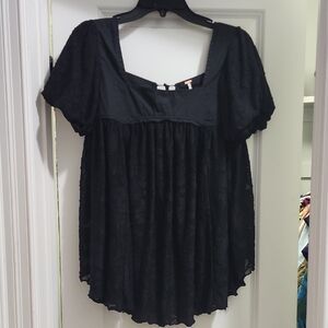 Free People Lace Black Babydoll Top With Capped Balloon Sleeves